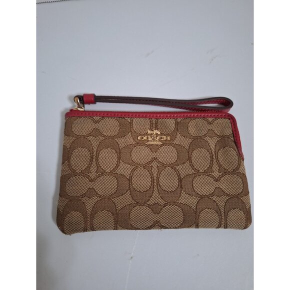 COACH Wristlet, Signature C Jacquard, Corner Zip, Khaki/True‎ Red, #F58033 - Picture 1 of 8